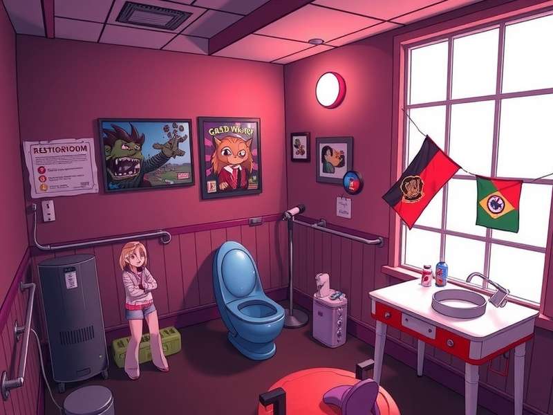 A complex mirror puzzle inside a Rec Room restroom, showing a hidden code