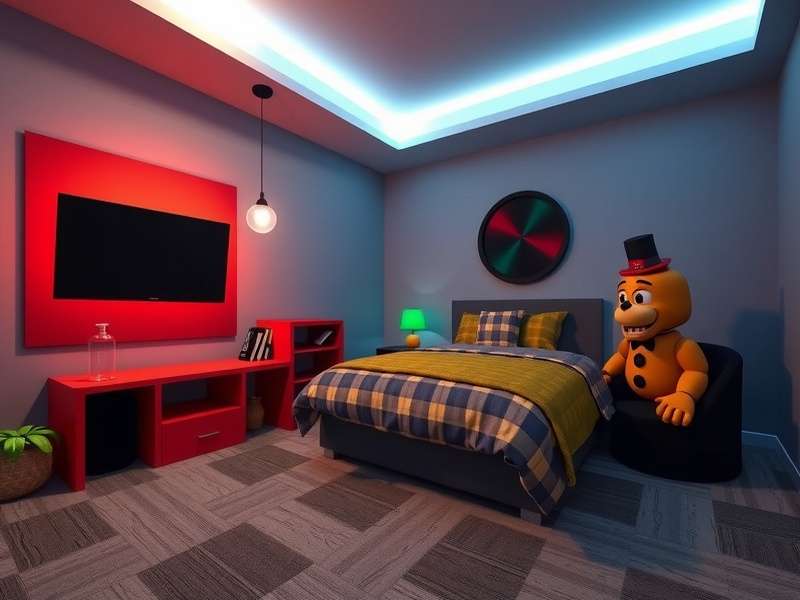 Rec Room FNAF gameplay screenshot showing animatronics in a dark corridor