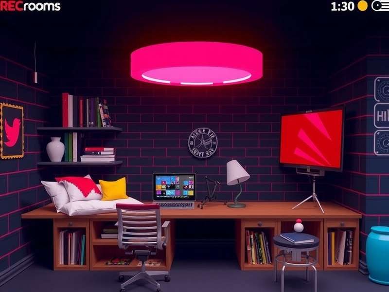 A vibrant scene inside a user-generated Rec Room, showing diverse avatars playing a game together