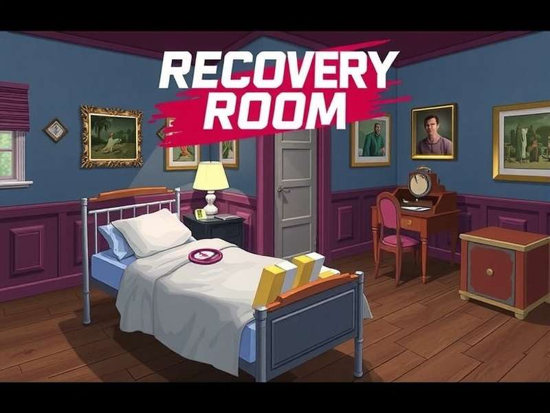 Concept art of a futuristic recovery chamber with glowing panels and a central stasis pod, representing the Recovery Room in Rec Room