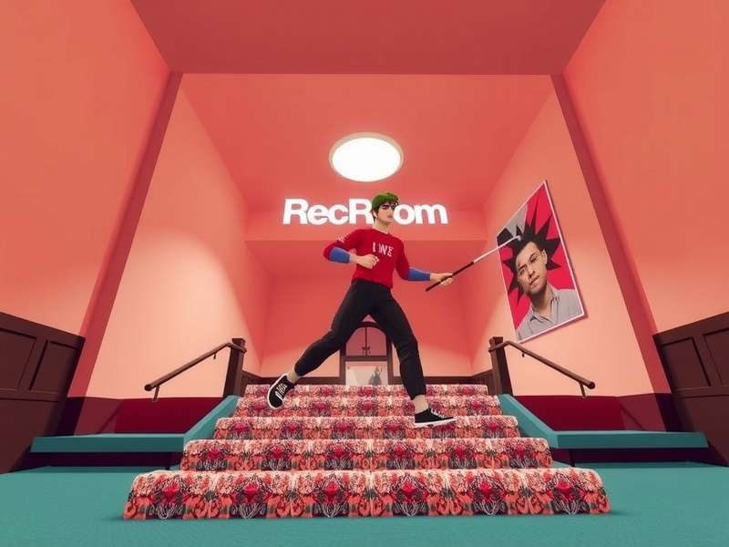 A group of diverse avatars interacting in a vibrant Rec Room VR lobby