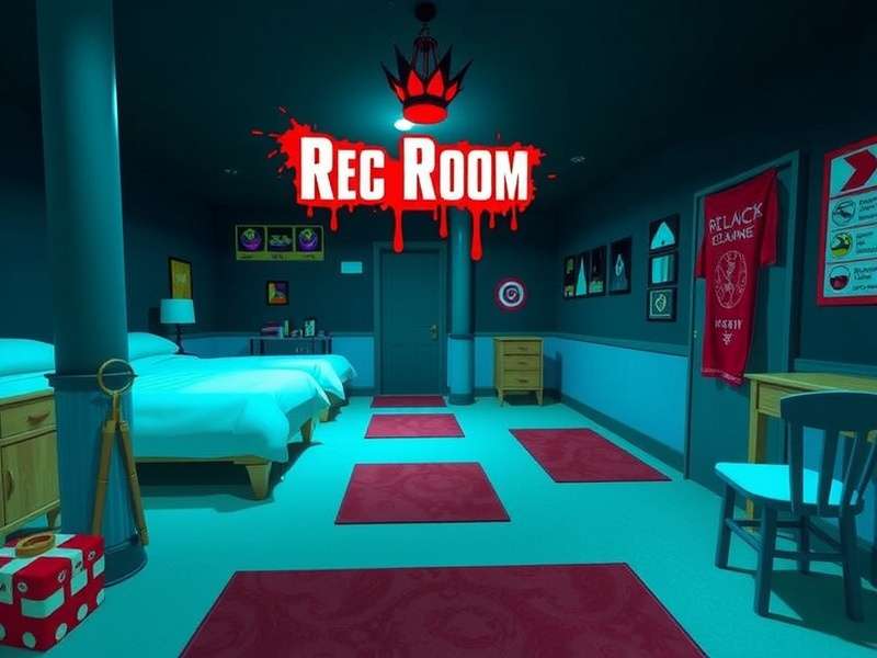 A dark, atmospheric Rec Room horror scene with eerie lighting and a mysterious figure