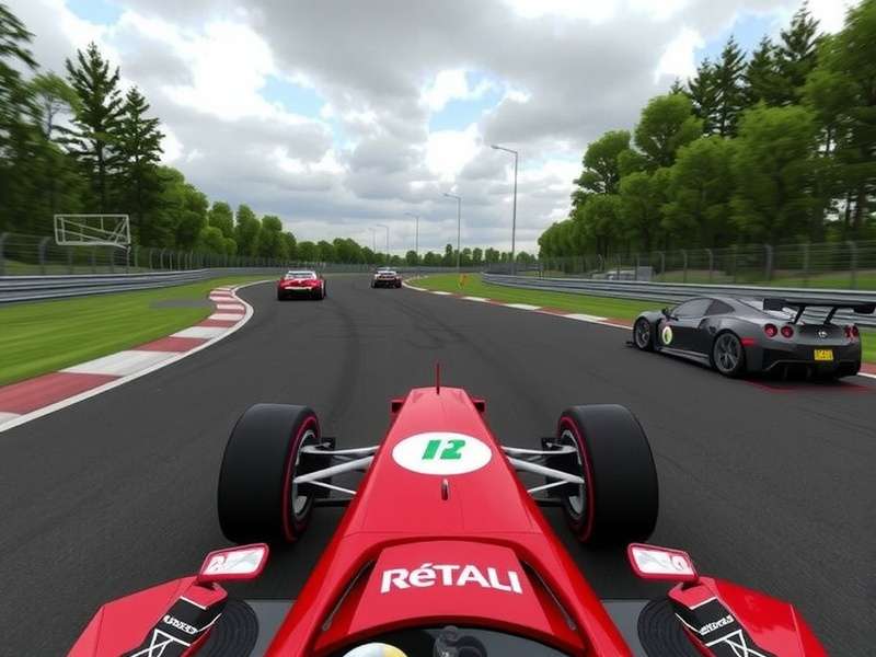 Thrilling multiplayer race in Rec Room's Raceroom, showing colourful cars on a neon-lit track