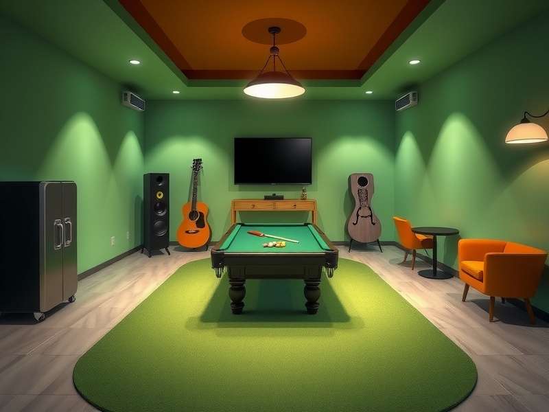 A vibrant scene inside a popular Rec Room Game Room showing players socialising and playing games together in virtual reality