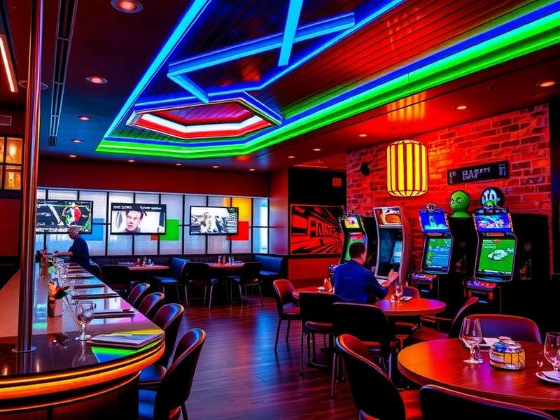 A vibrant game barrestaurant with people playing VR games and eating at tables