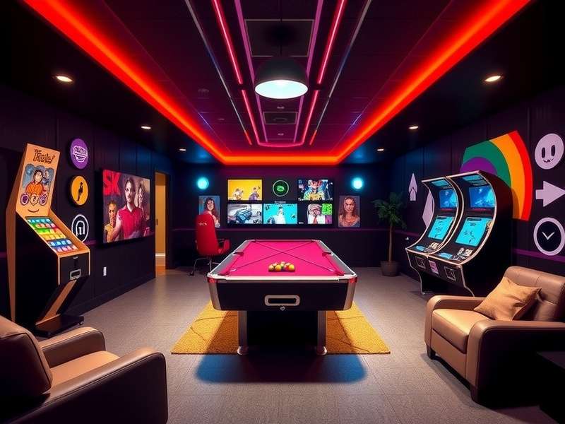 A vibrant social hub inside Rec Room showing diverse avatars interacting