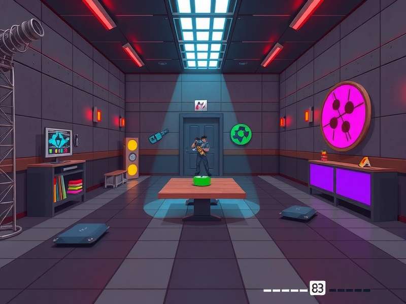 A person wearing protective gear swinging a sledgehammer in a rage room filled with breakable items